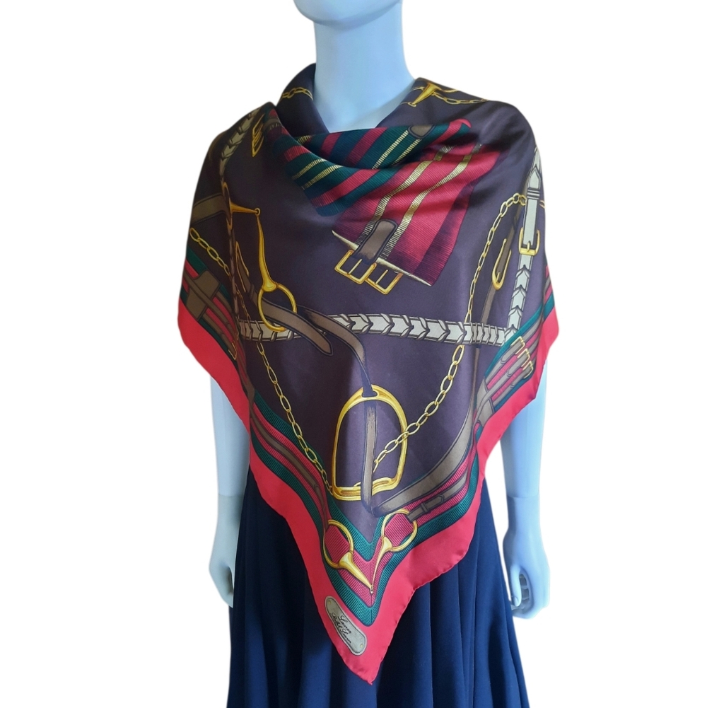 LAUREN RALPH LAUREN Horsebit Saddle Equestrian Silk Scarf 34x34" Brown/Red/Multi